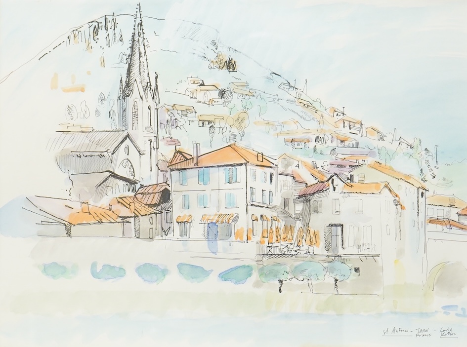 Linda Kitson (b.1945), ‘St Antonin, Tarn, France’, signed and inscribed, ink and watercolour, 38 x 50cm